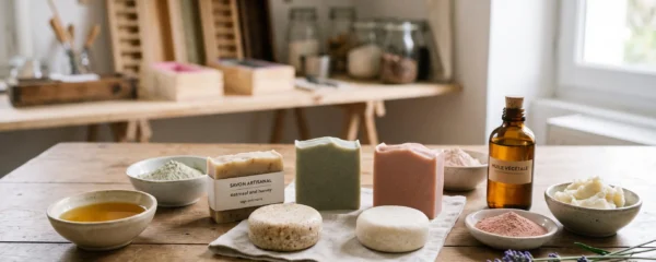 Plan de travail d'atelier de savonnerie artisanale avec cosmétiques solides colorés, bols d'ingrédients naturels et lumière naturelle douce