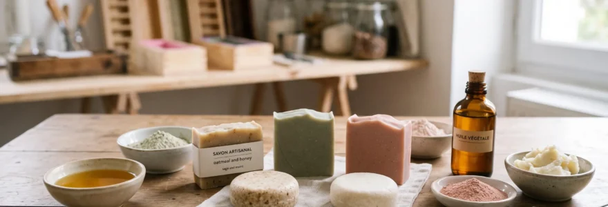 Plan de travail d'atelier de savonnerie artisanale avec cosmétiques solides colorés, bols d'ingrédients naturels et lumière naturelle douce