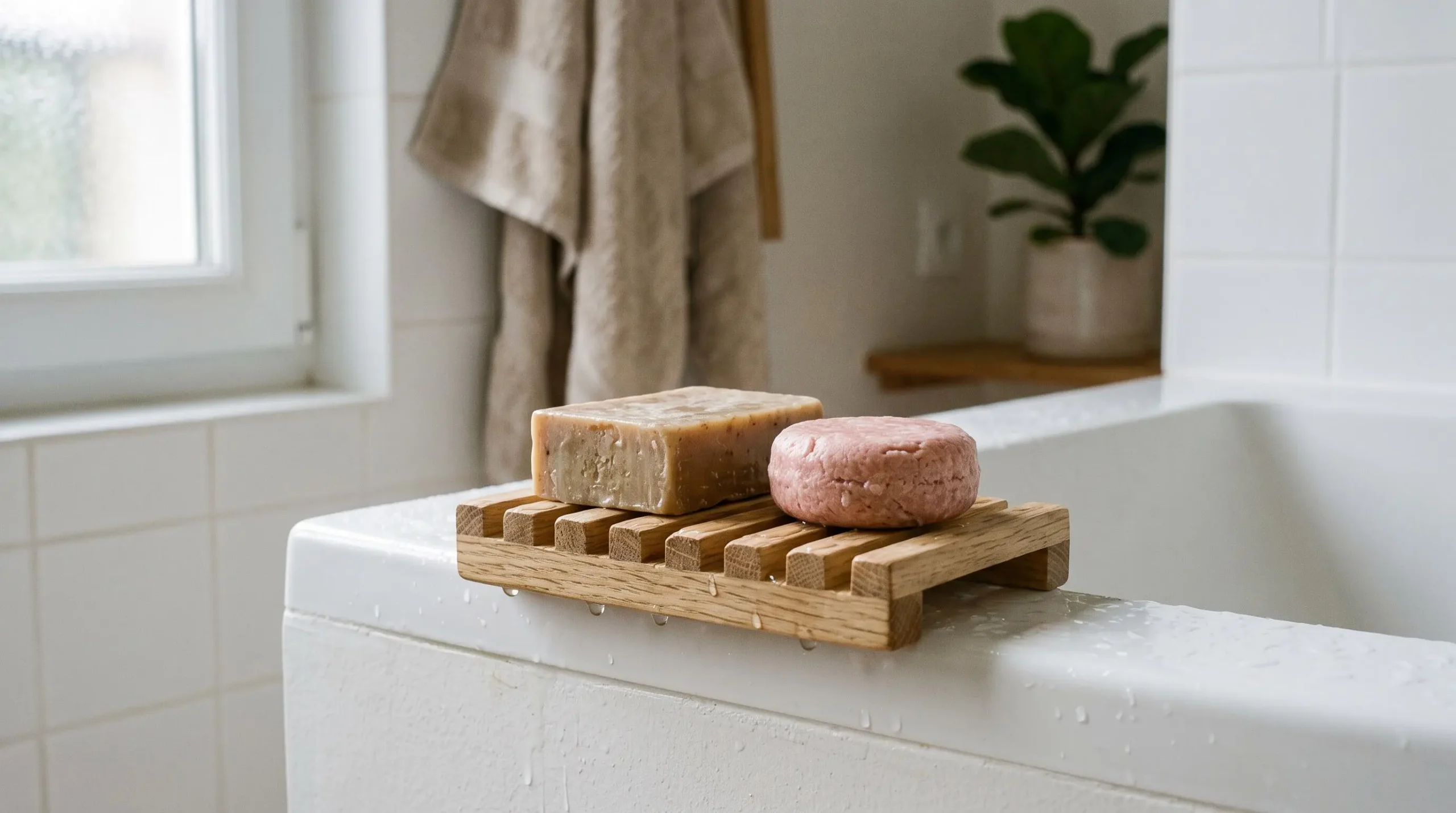 Porte-savon drainant en bois clair sur rebord de baignoire avec savon et shampoing solides en séchage
