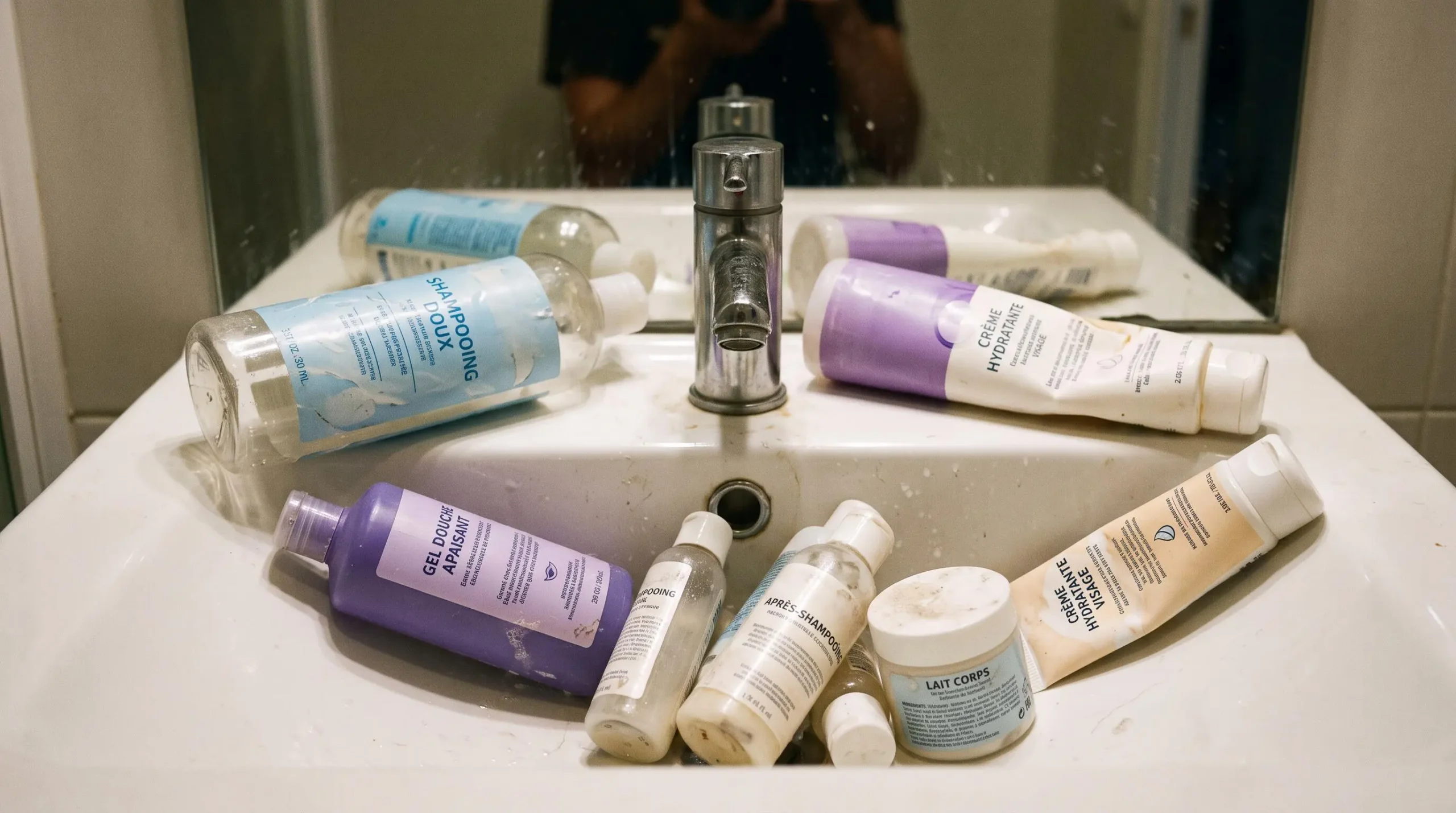 Rebord de lavabo de salle de bain avec plusieurs flacons plastiques de cosmétiques vides accumulés