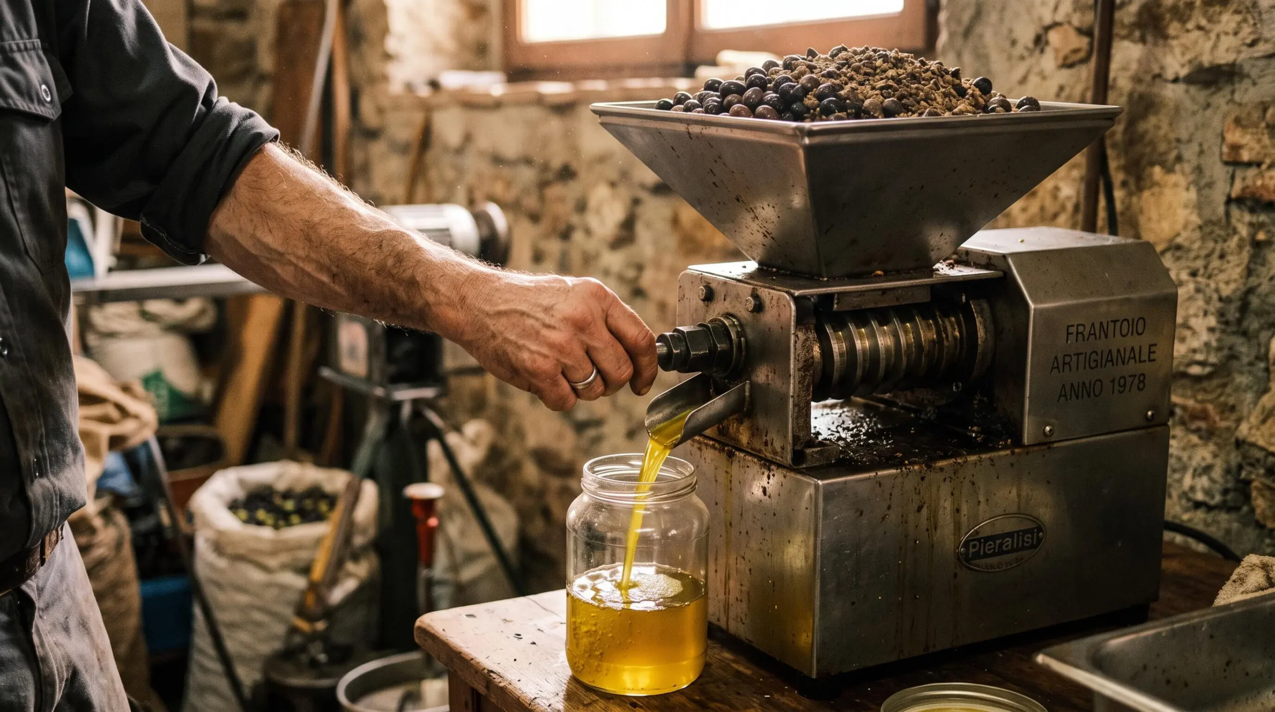 De l'huile dorée s'écoule d'une presse artisanale dans un récipient en verre.