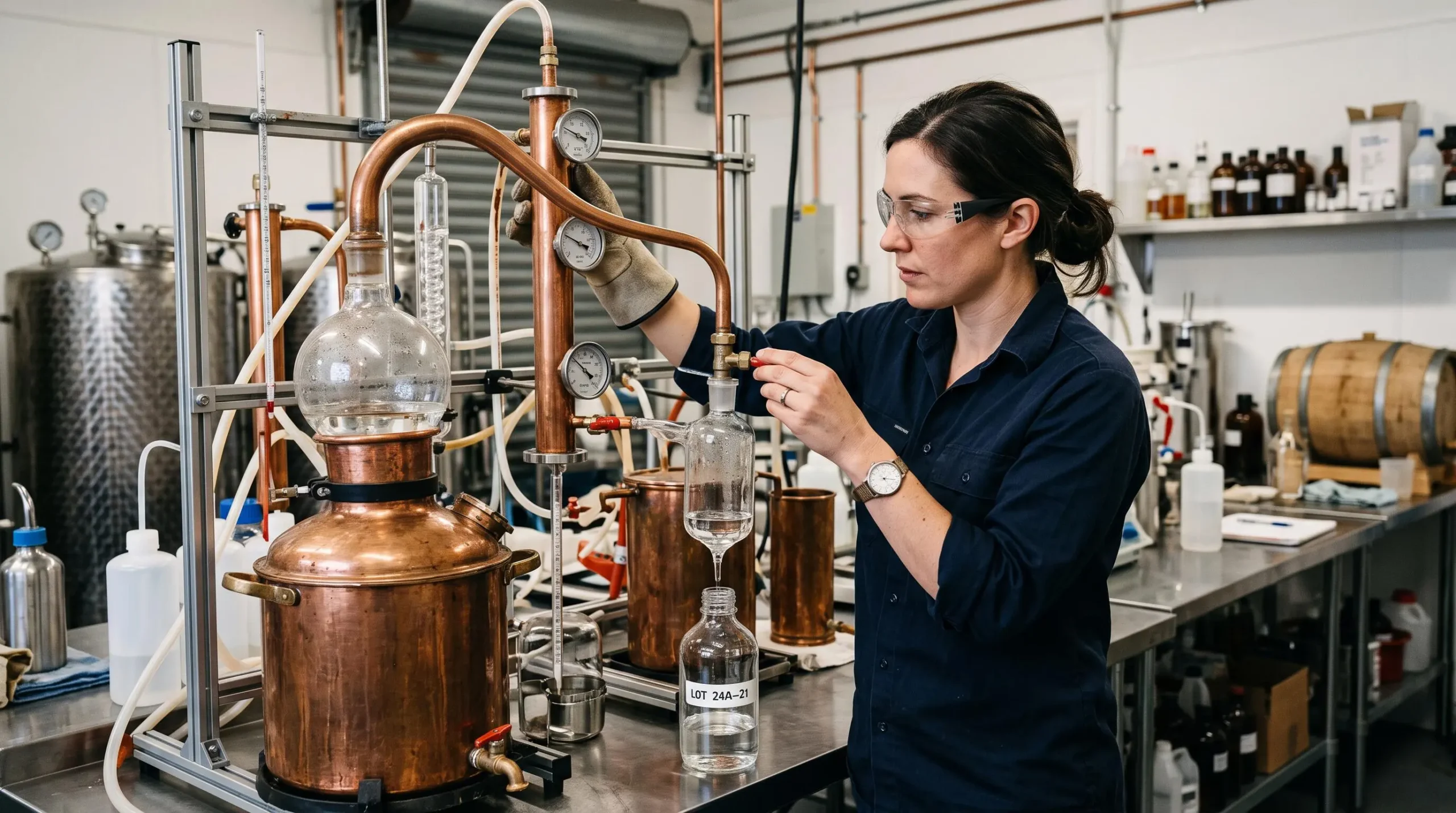 Un technicien supervise le processus de distillation pour garantir la qualité de l'huile essentielle.